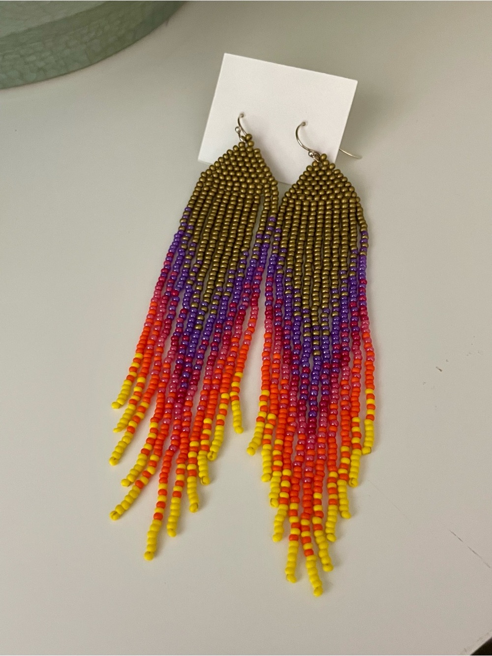 Handmade Multicolor Beaded Fringe Earrings - Yellow, Orange & Purple